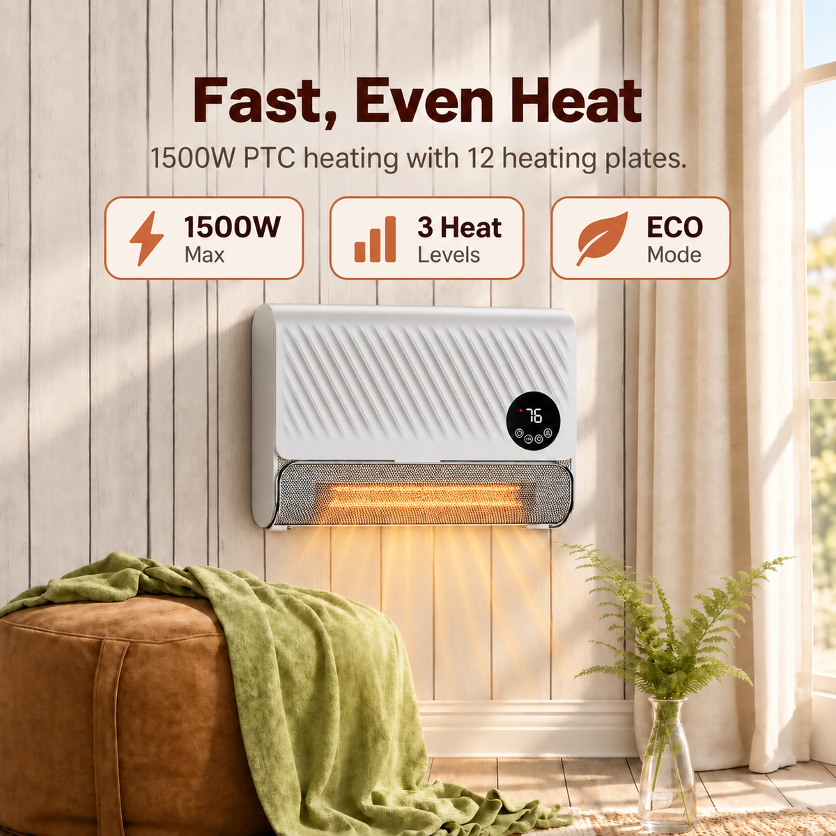 Wall-Mounted Space Heater with Thermostat and Remote Control