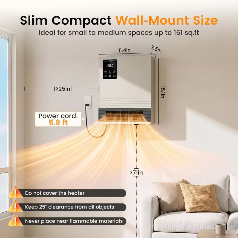 Wall-Mounted Space Heater with Thermostat and Remote Control